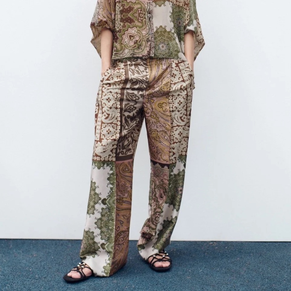 Zara Patchwork Paisley Multicolor Patterned Sateen Pants Slacks Trousers